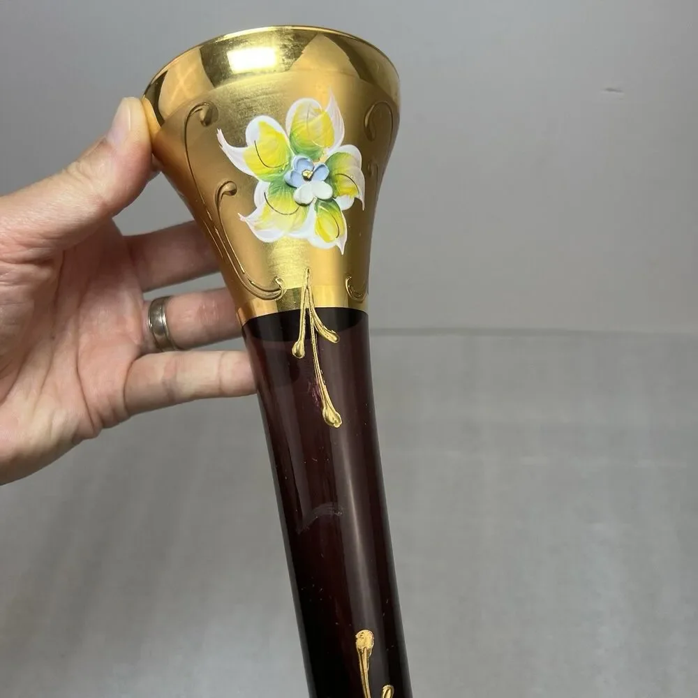Bohemian Czech Ruby Red Murano Glass Bud Vase 18k Gold Hand Painted Flowers 10”